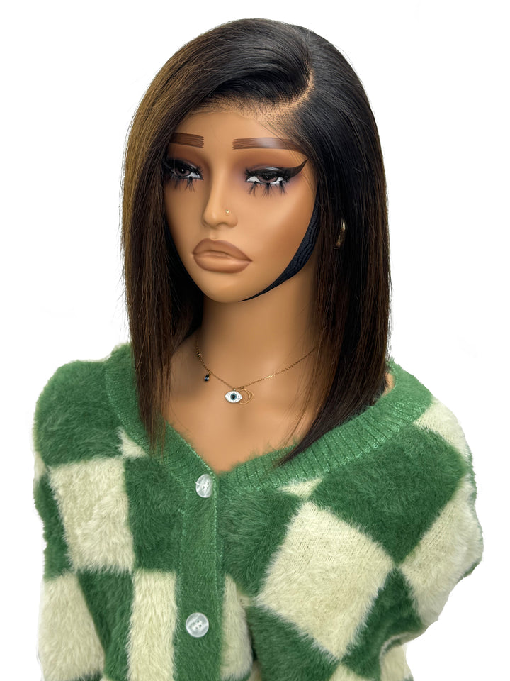 Natural Looking Brown Highlight Silky Blunt Cut Bob Glueless 6x4 Lace Wig