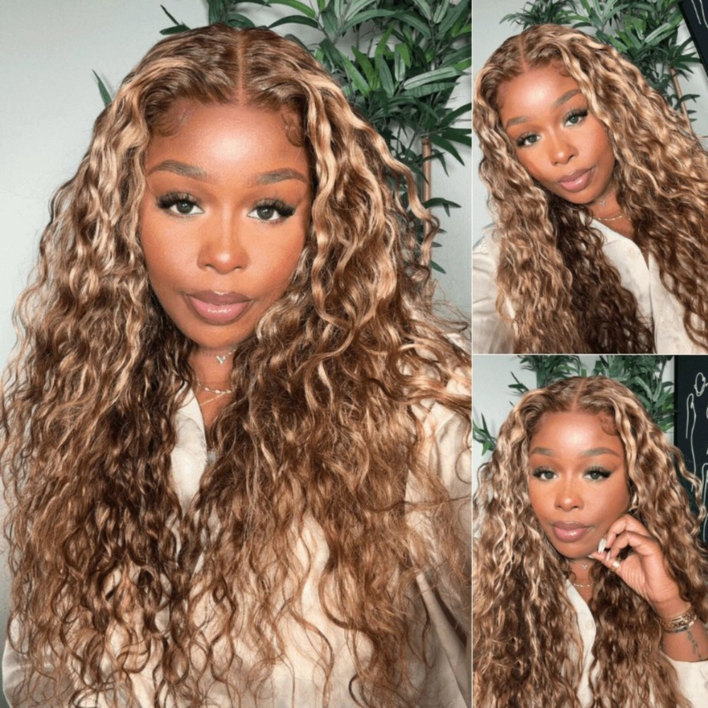 TianaHair Wear Go 6x4 Brown Highlight Wigs Water Wave Pre-plucked Glueless Lace Wigs.