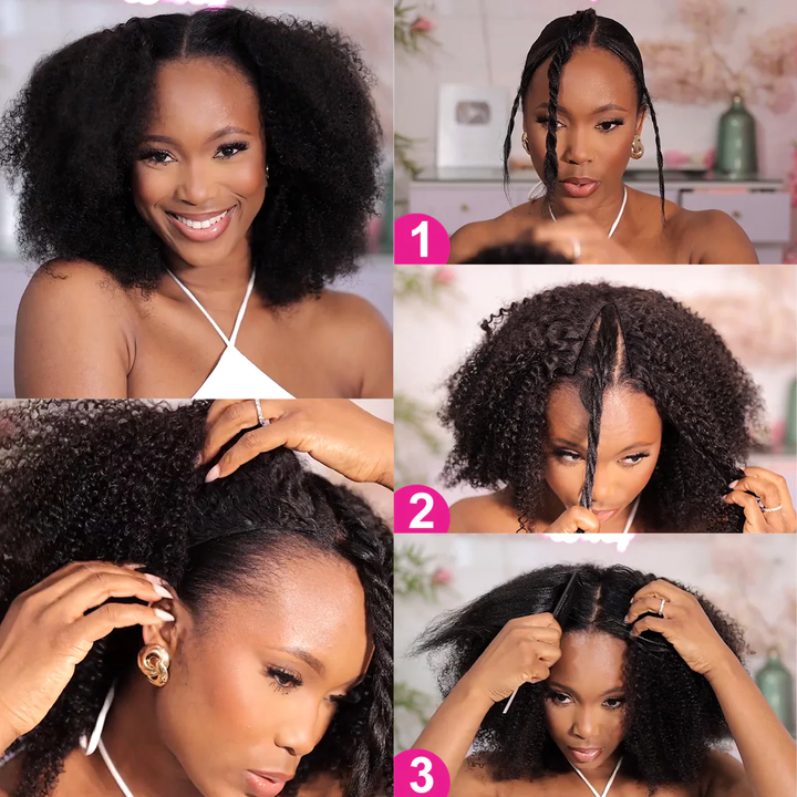 TianaHair V Part Kinky Curly Glueless Wigs Pre-plucked 100% Human Hair.