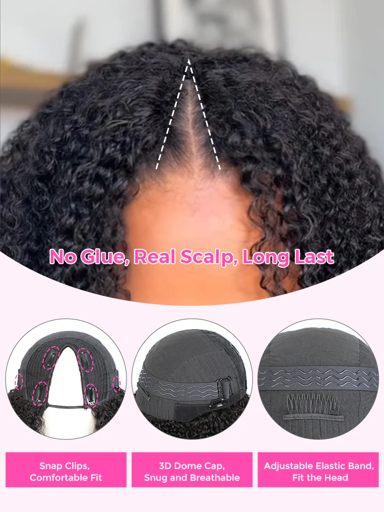 TianaHair V Part Natural Black Afro Curly Glueless Wigs 180% Density 100% Human Hair.