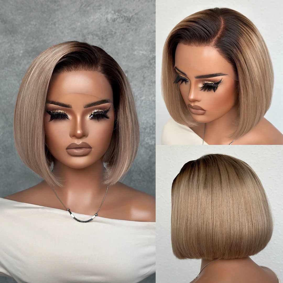 4x4/7x5 Lace Ash Blonde Ombre Blunt Cut Bob Glueless Wig Human Hair