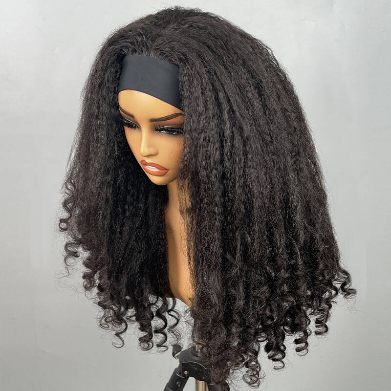 Kinky Straight Headband Wig With Spiral Curly Ends 100% Human Hair Glueless Wig
