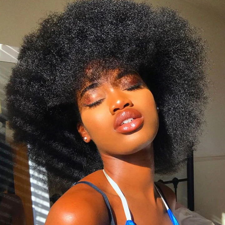 Afro Curly Bangs Wig Short Bob Fluffy Full Machine Made 100% Human Hair Wig