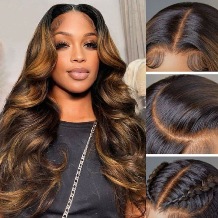 TianaHair Balayage Highlights Body Wave 4x4 Closure Lace Put On And Go Glueless Wig.