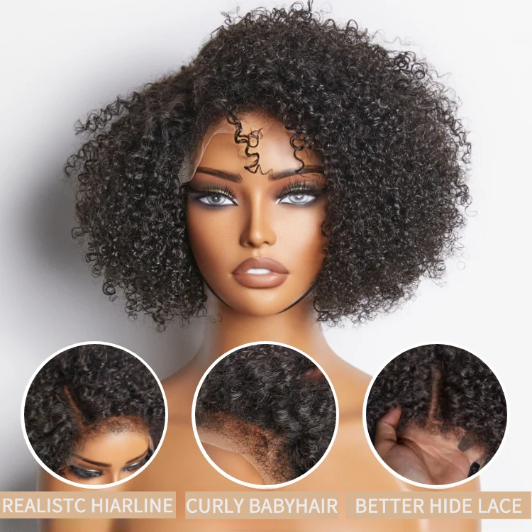 Perruque courte bouclée Jerry Curly 6x4 Wear Go sans colle avec raie latérale Kinky Edges 