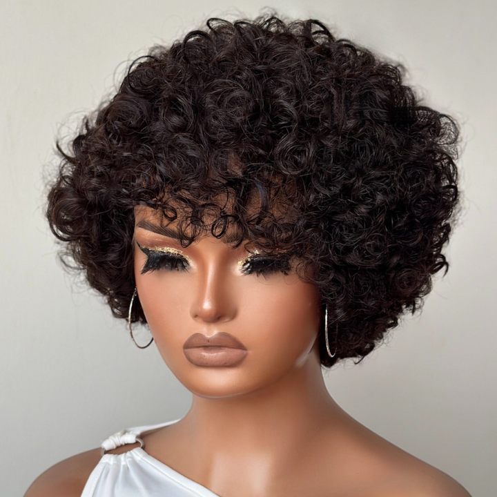 13x4 Frontal Lace Put on & Go Voluminous Curly Human Hair Wig With Bangs