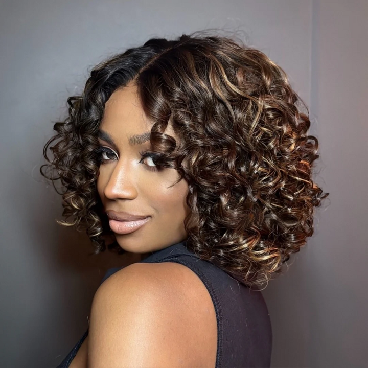 4x4 Lace Short Blonde Highlights Pixie Curly Glueless Wig