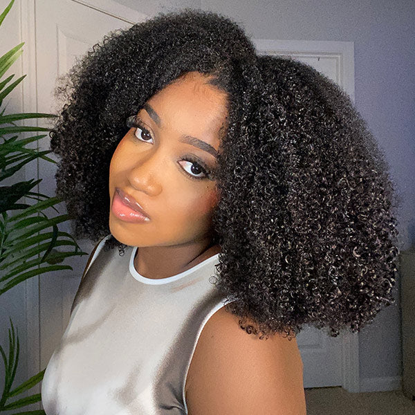 TianaHair V Part Natural Black Afro Curly Glueless Wigs 180% Density 100% Human Hair.