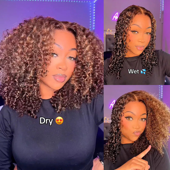 TianaHair Wear Go 6x4 Highlight Brown Wigs Kinky Curly Pre-plucked Glueless Lace Wigs.