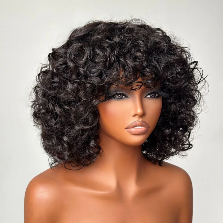 No Lace Brown Highlights/Natural Black Glueless Voluminous Curly bob Wig With Bangs Glueless Wig