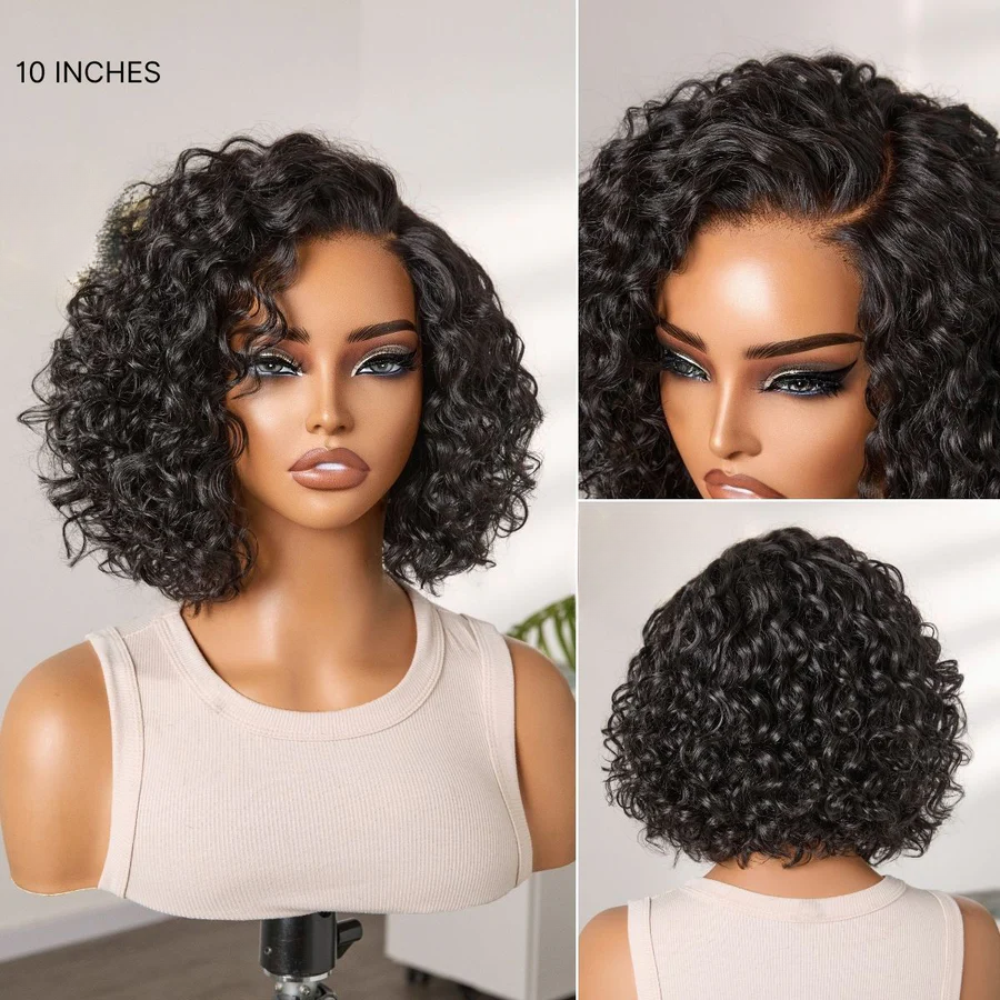 4x4 Lace Blonde Highlight / Natural Black Water Wave Short Curly Bob Wig Pre-Everyhthing & Transparent Lace Wear Go Glueless Wig
