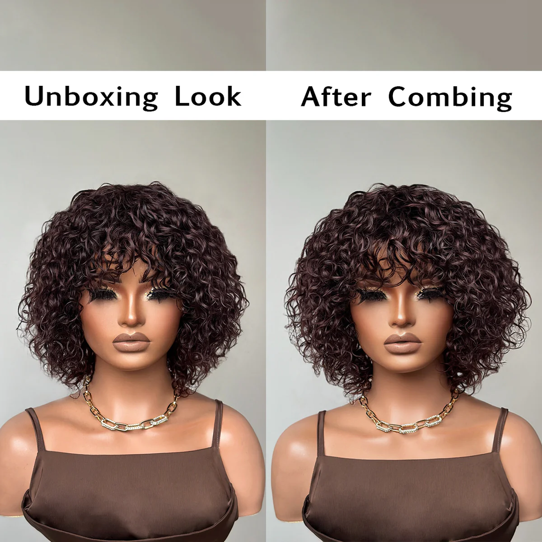 No Lace Put On & Go Dark Brown Curly Bob Wig With Bangs 100% Human Hair