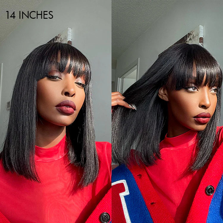 TianaHair Realistic Glueless Silky Straight Bob with Bangs No Lace Wig 150% Density 100% Human Hair.