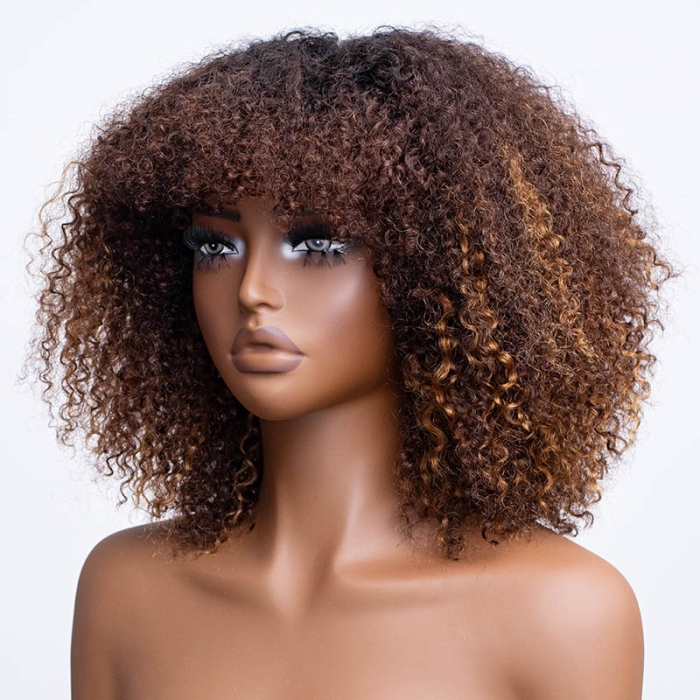 No Lace Toasted Chestnut Afro Curly Wig with Bangs Pre-Everything Wear Go Glueless Wig