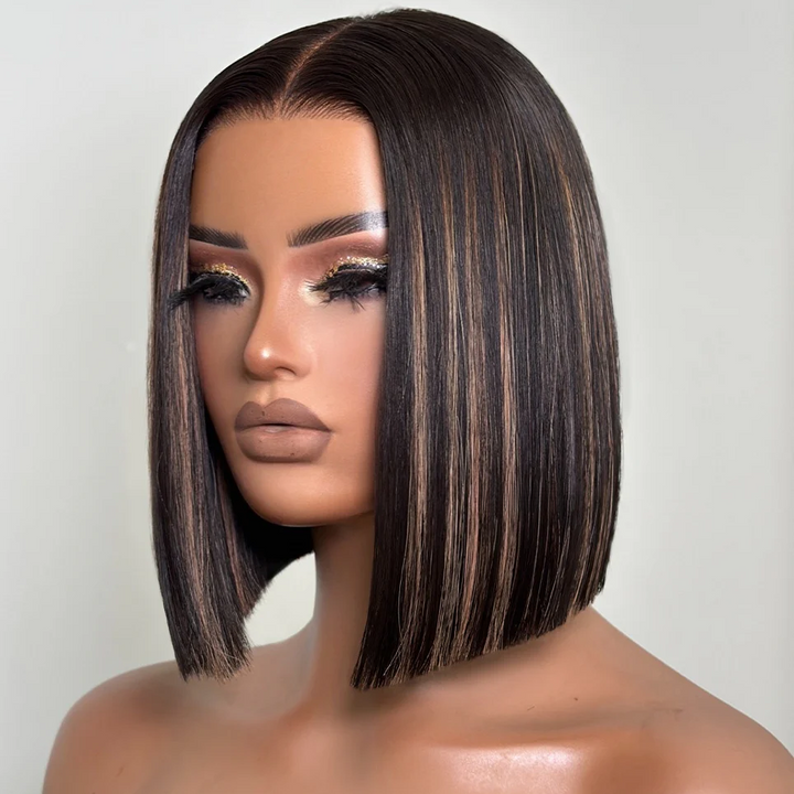 7x5 Lace Brown Highlight Silky Straight Bob Wig 100% Human Hair