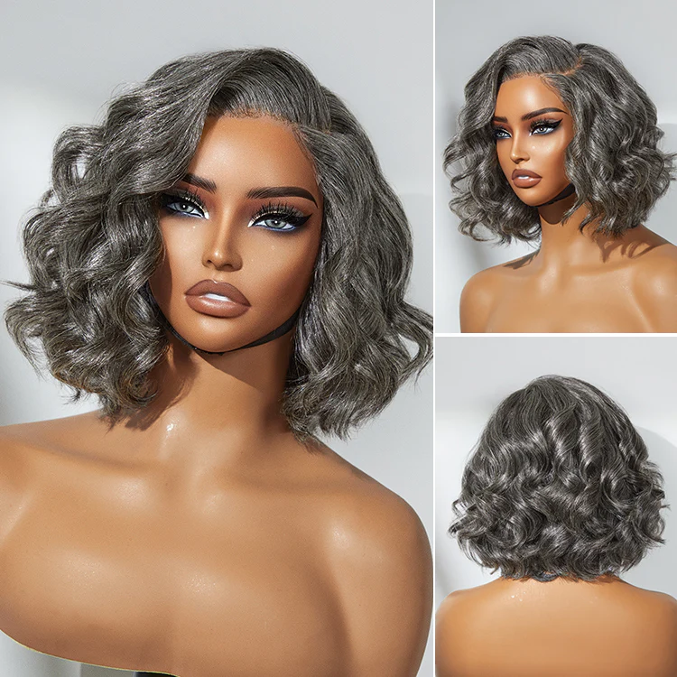 Elegant Salt & Pepper Loose Body Wave Glueless 4x4 Lace Short Wig