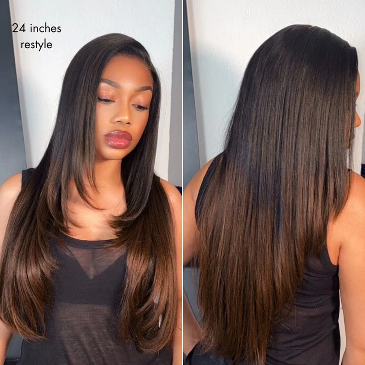 7x5 Lace Ombre Brown Layered Cut Yaki Straight Glueless Wig Human Hair Long Wig Pre-Cut Lace