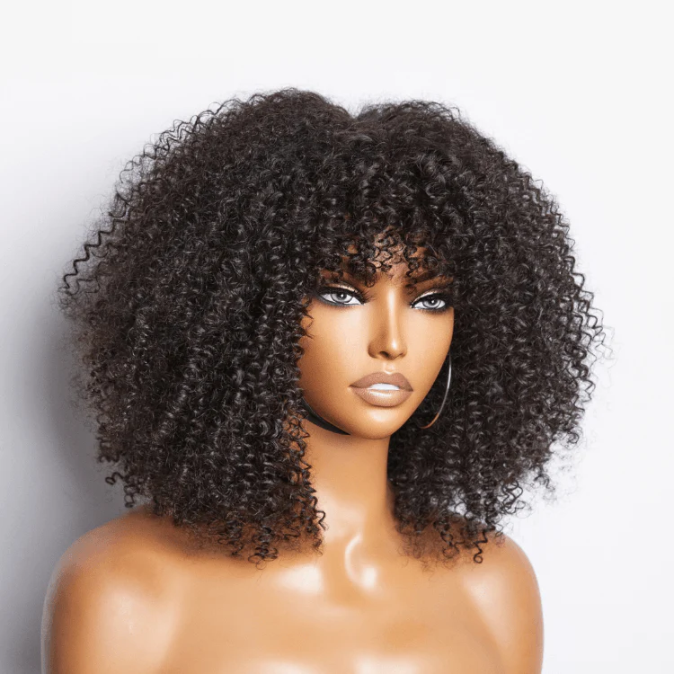 Bouncy Jerry Curl Throw On & Go Afro Curly Glueless Short Curly Wig with Bangs