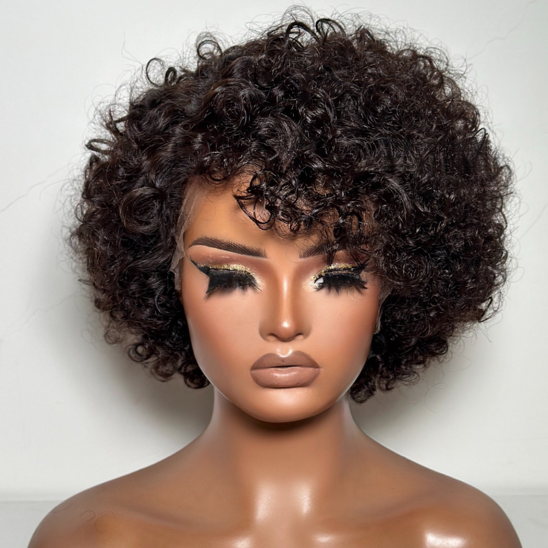 13x4 Frontal Lace Put on & Go Voluminous Curly Human Hair Wig With Bangs