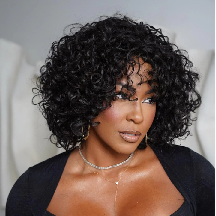 No Lace  Put On ＆ Go Glueless Short Bob Curly 100% Human Hair Wig