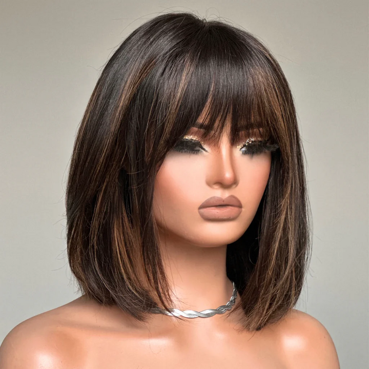 No Lace Highlight Short Straight Wig With Bangs 100% Human Hair