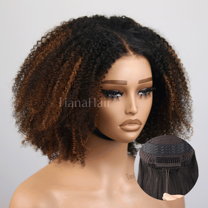 FlexCap Wear & Go Brown Highlight Afro Kinky Curly 7x5 Pre-Everything & Transparent Lace Flexi-Fit Invisi Drawstring Cap Glueless Wig