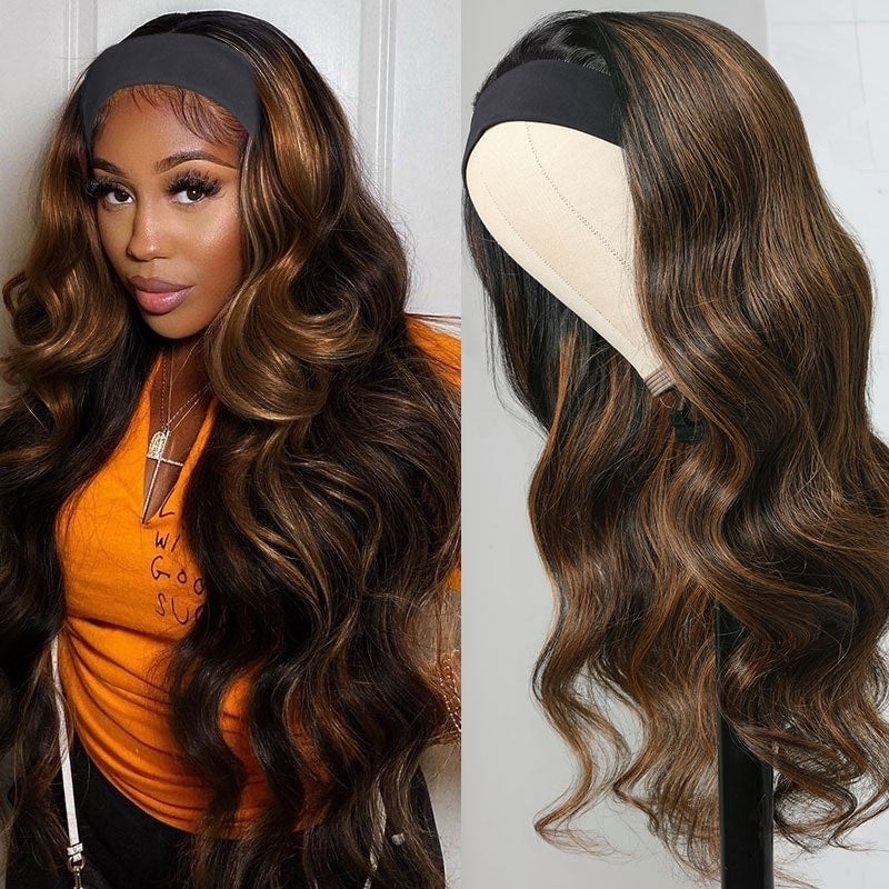 TianaHair Highlight Brown Body Wave No Lace Glueless Long Headband Wig 150% Density 100% Human Hair.