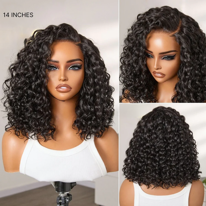 4x4 Lace Blonde Highlight / Natural Black Water Wave Short Curly Bob Wig Pre-Everyhthing & Transparent Lace Wear Go Glueless Wig