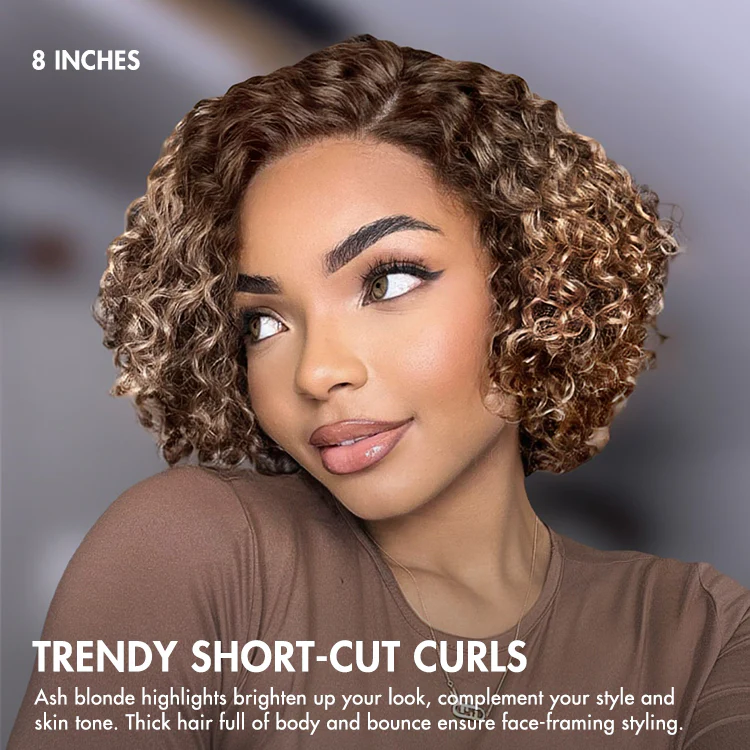 6x4 Lace Ash Blonde Highlight Short Kinky Curly Wear And Go Glueless Wig