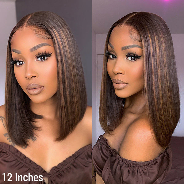 TianaHair Brown Highlights Silky Straight 4x4 Closure Lace Put On and Go Glueless Bob Wig 100% Human Hair.