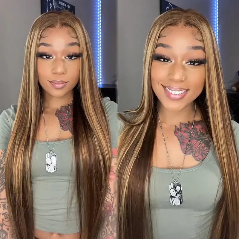 TianaHair Wear Go 6x4 Highlight Brown Wigs Silky Straight Pre-plucked Glueless Lace Wigs.