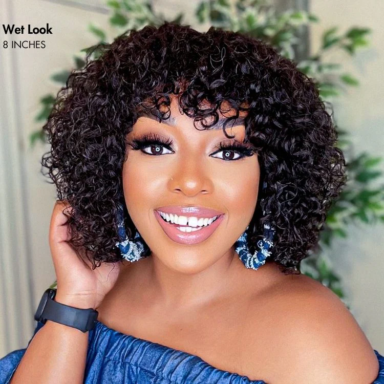 Light Weight Short Cut Water Wave Glueless No Lace Wig with Curly Bangs