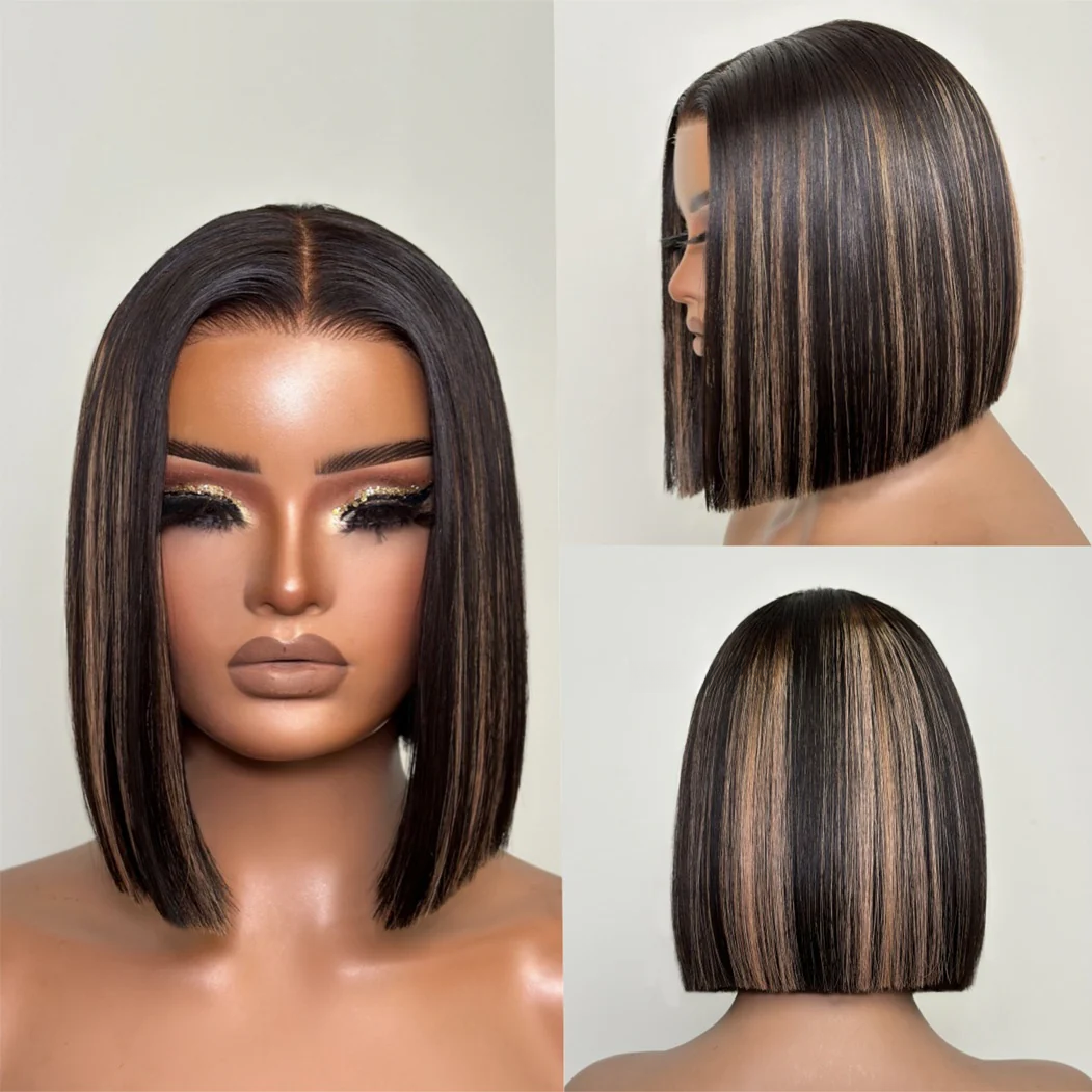 7x5 Lace Brown Highlight Silky Straight Bob Wig 100% Human Hair
