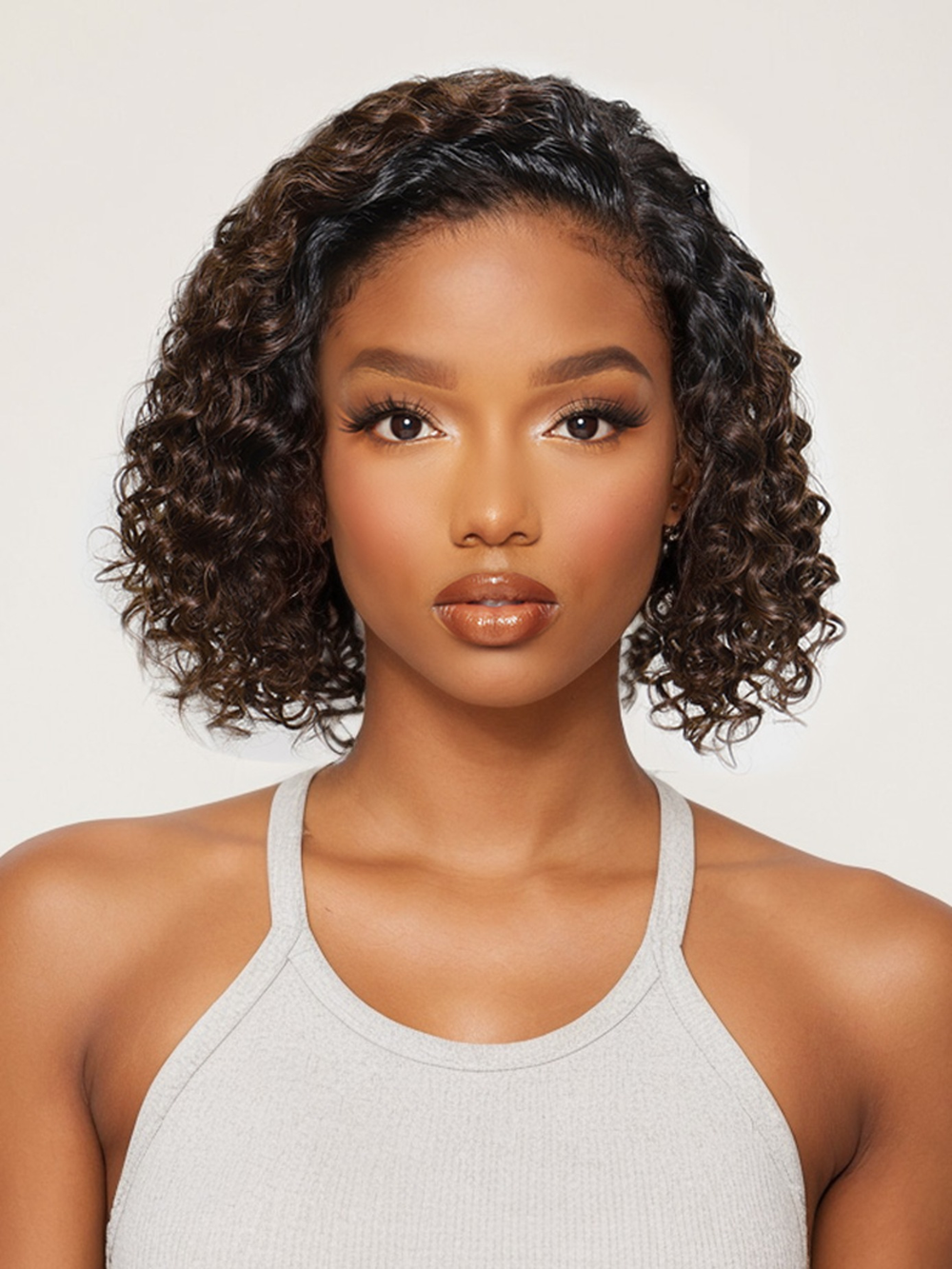 Chestnut Brown Ombre 7x5 Pre-Cut Lace Side Part Short Curly Bob Wig