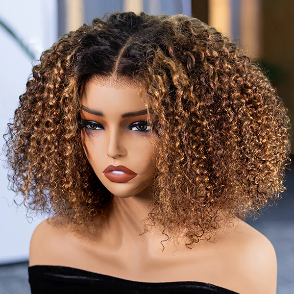 Ombre Blonde Highlight Deep Curly Glueless 4x4 Lace Wig Ready To Go 100% Human Hair