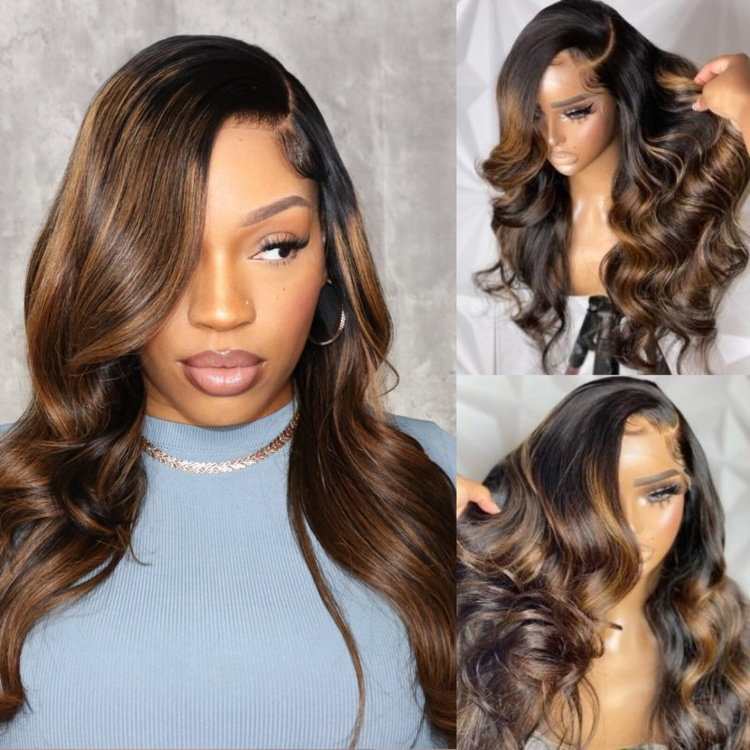 TianaHair Balayage Highlights Body Wave 4x4 Closure Lace Put On And Go Glueless Wig.