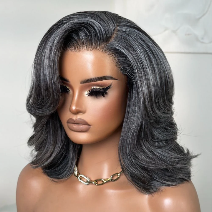 4x4 Lace Vintage Salt and Pepper Grey Volume Layered Body Wave Side Part Wig