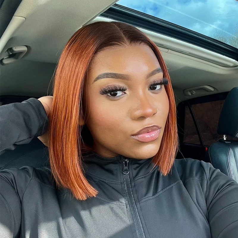 Ginger Ombre Silky Blunt Cut Glueless 4x4 Lace Short Bob Wig 100% Human Hair