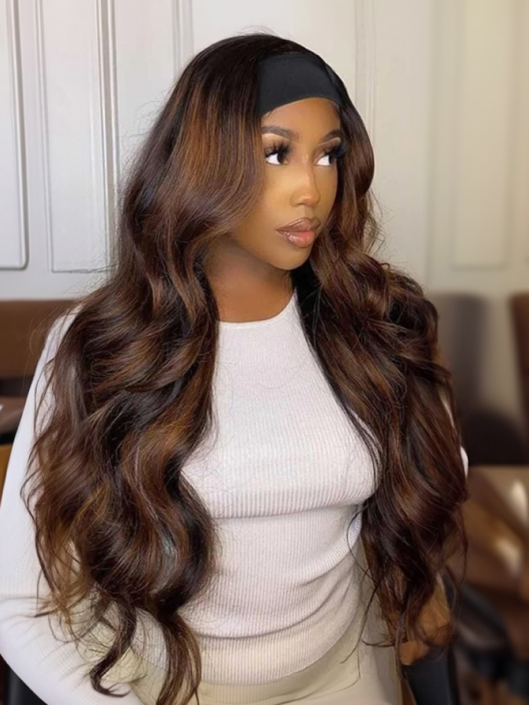 TianaHair Highlight Brown Body Wave No Lace Glueless Long Headband Wig 150% Density 100% Human Hair.