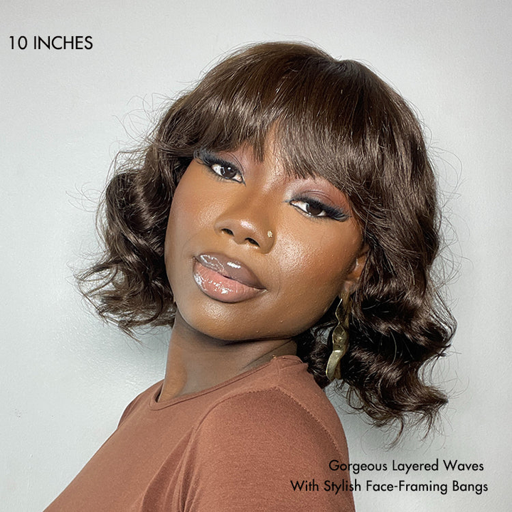 Beginner Friendly Brown Loose Wave Glueless No Lace Shoulder Length Wavy Bob Wig with Bangs