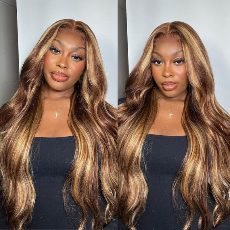 TianaHair Wear Go 6x4 Highlight Brown Wigs Body Wave Pre-plucked Glueless Lace Wigs.