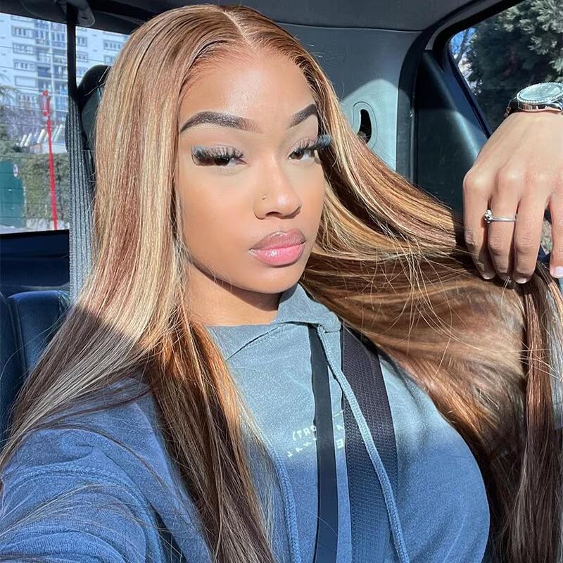 TianaHair Wear Go 6x4 Highlight Brown Wigs Silky Straight Pre-plucked Glueless Lace Wigs.