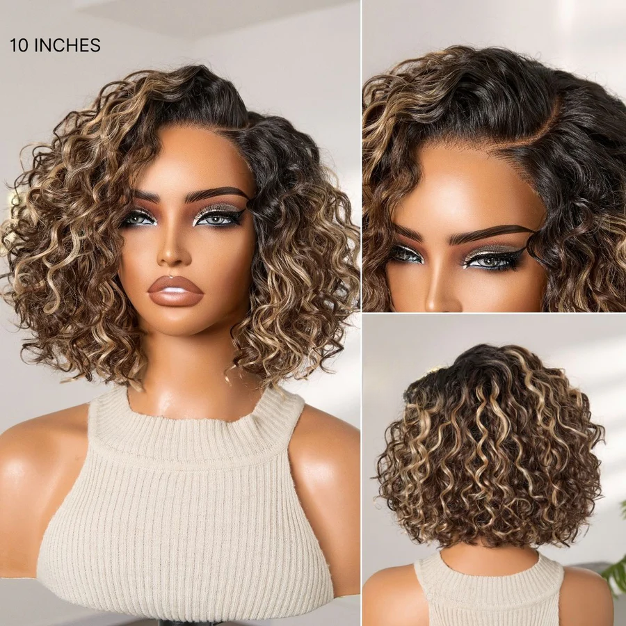 4x4 Lace Blonde Highlight / Natural Black Water Wave Short Curly Bob Wig Pre-Everyhthing & Transparent Lace Wear Go Glueless Wig