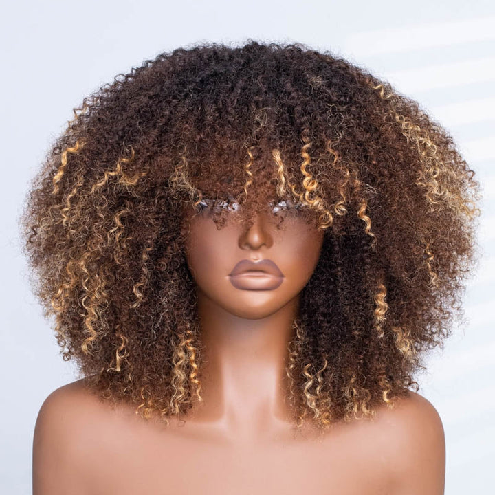 No Lace Golden Flare Afro Curly Wig with Bangs Pre-Everything Wear Go Glueless Wig