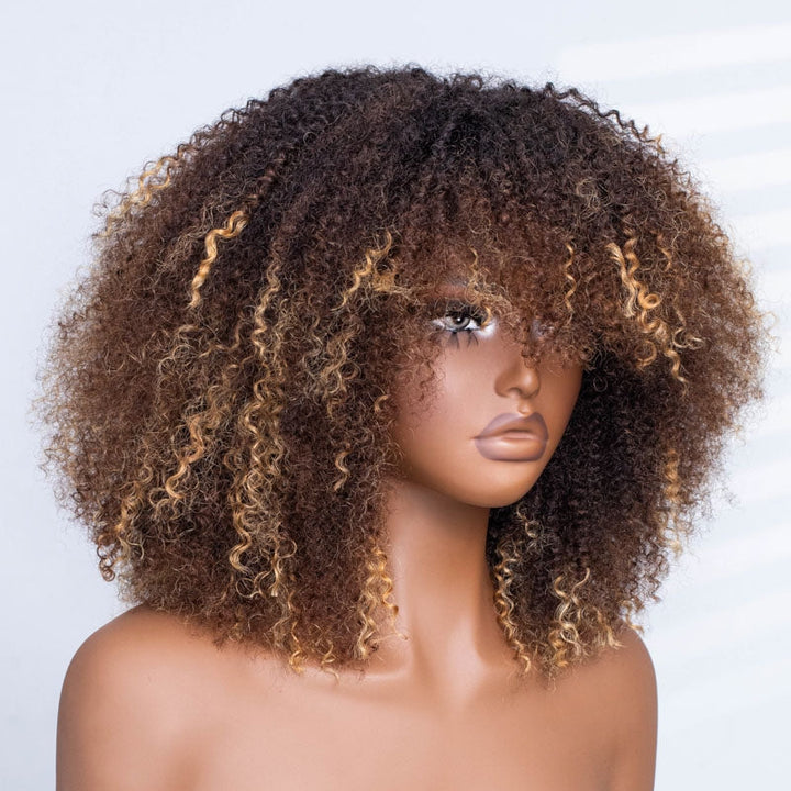 No Lace Golden Flare Afro Curly Wig with Bangs Pre-Everything Wear Go Glueless Wig