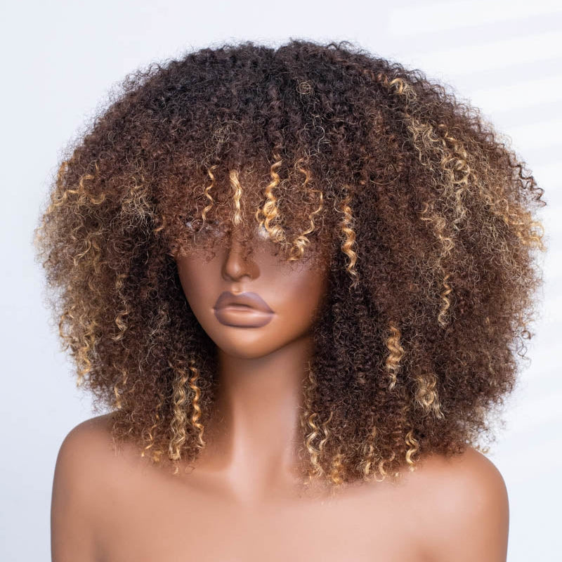 No Lace Golden Flare Afro Curly Wig with Bangs Pre-Everything Wear Go Glueless Wig