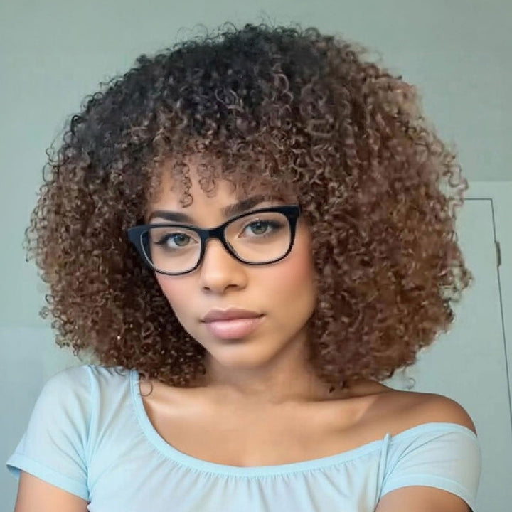 No Lace Ombre Chocolate Afro Curly Wig with Bangs Pre-Everything Wear Go Glueless Wig