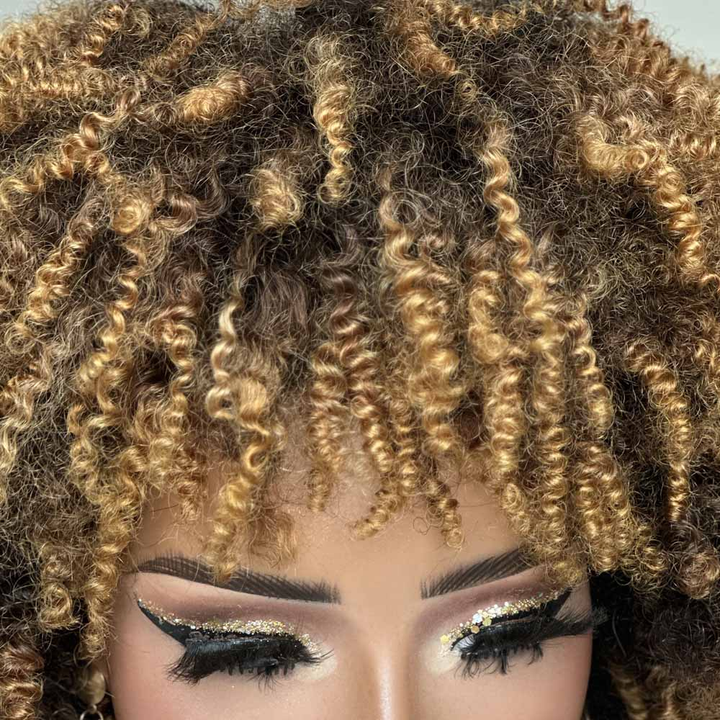 No Lace Put on & Go Honey Blonde Highlights Afro Kinky Coily Glueless Bob Wig With Bangs