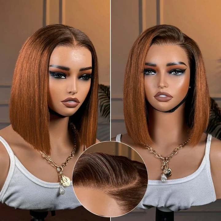 Ginger Ombre Silky Blunt Cut Glueless 4x4 Lace Short Bob Wig 100% Human Hair