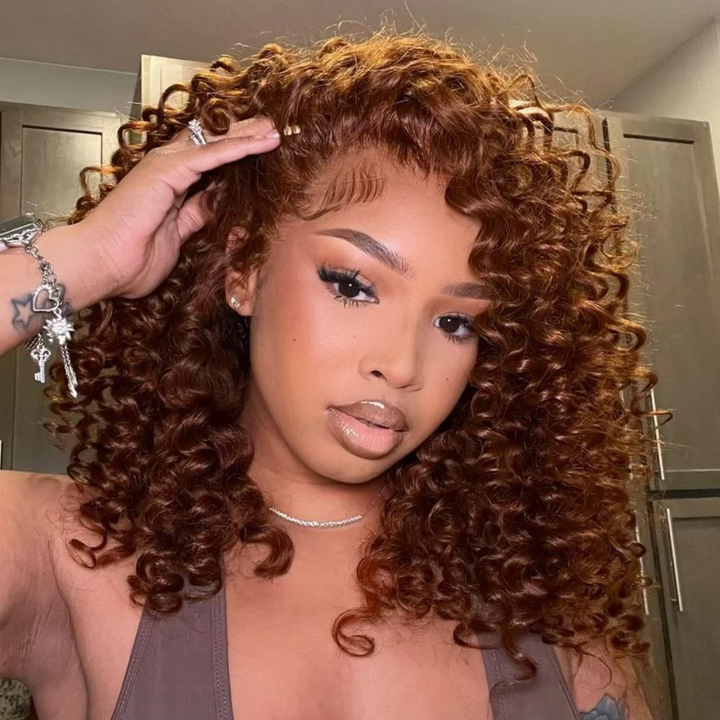 13x4 Lace Put On ＆ Go Chocolate Reddish Brown Glueless Bouncy Curly Wig